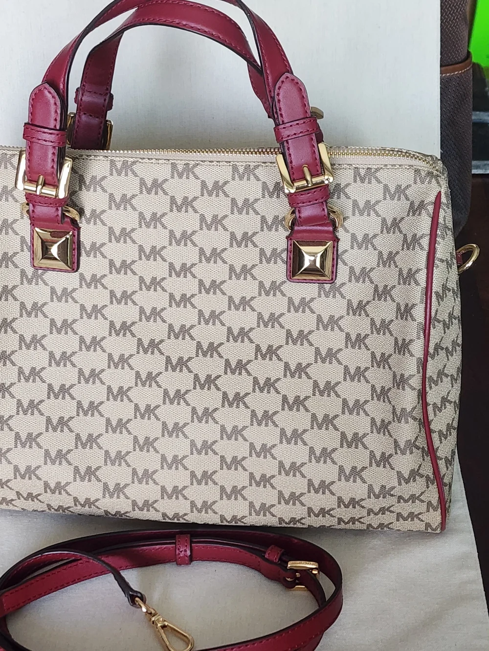 Michael Kors Beige MK Signature Satchel with Burgundy Trim